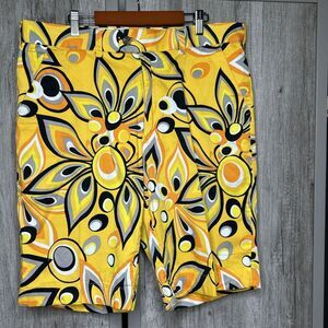 Loudmouth Golf Shorts Size 36 Yellow Black Orange Floral 10" Inseam Bermuda